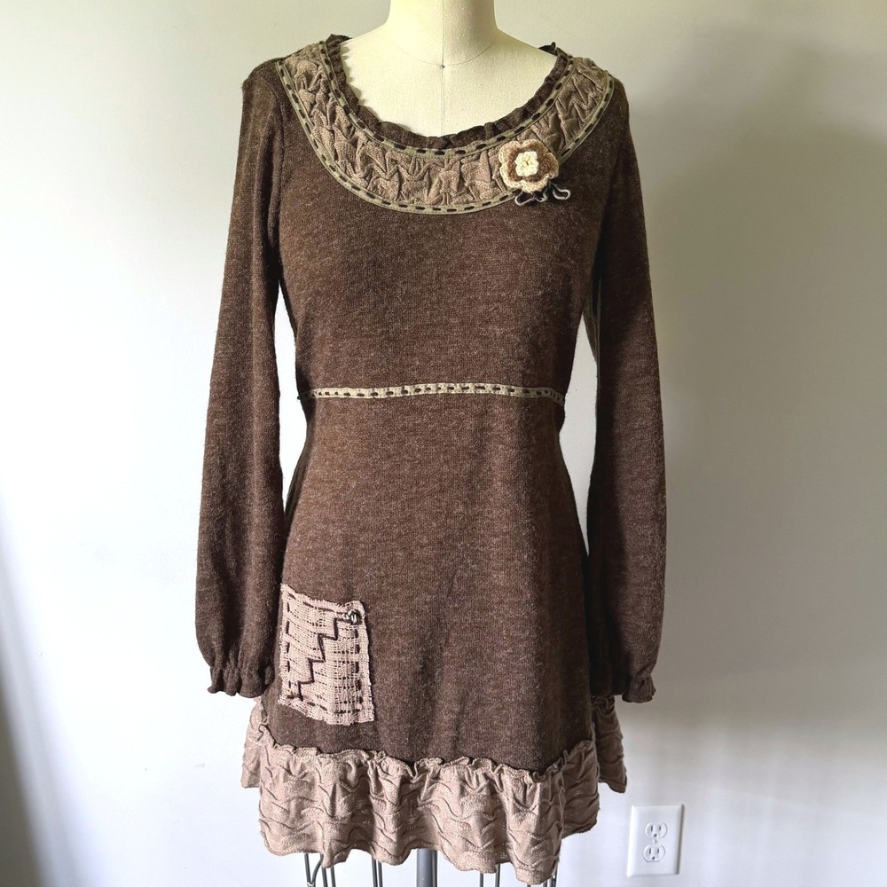 Brown Wool Blend Sweater Dress Crochet Flower Ruffle Hem XL Peasant Cottagecore
